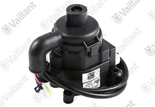 Vaillant-Pumpe mit schwarzem Kunststoffgehäuse und mehreren Anschlussleitungen, ausgestattet mit einem kompakten Design zur Verwendung in Klimaanlagen.